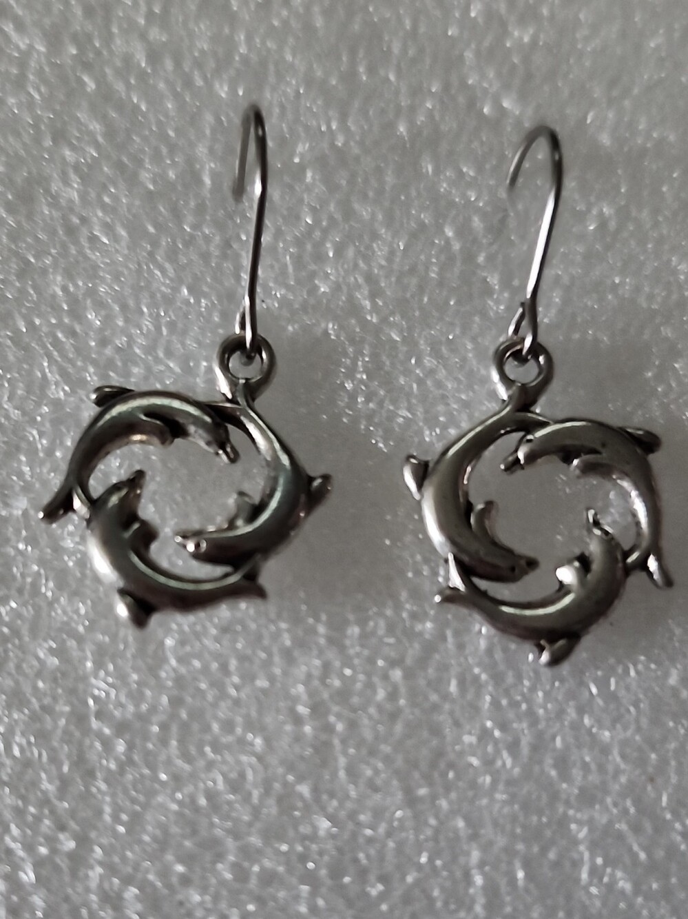 Sterling Tone Dolphin Circle Drop Earrings